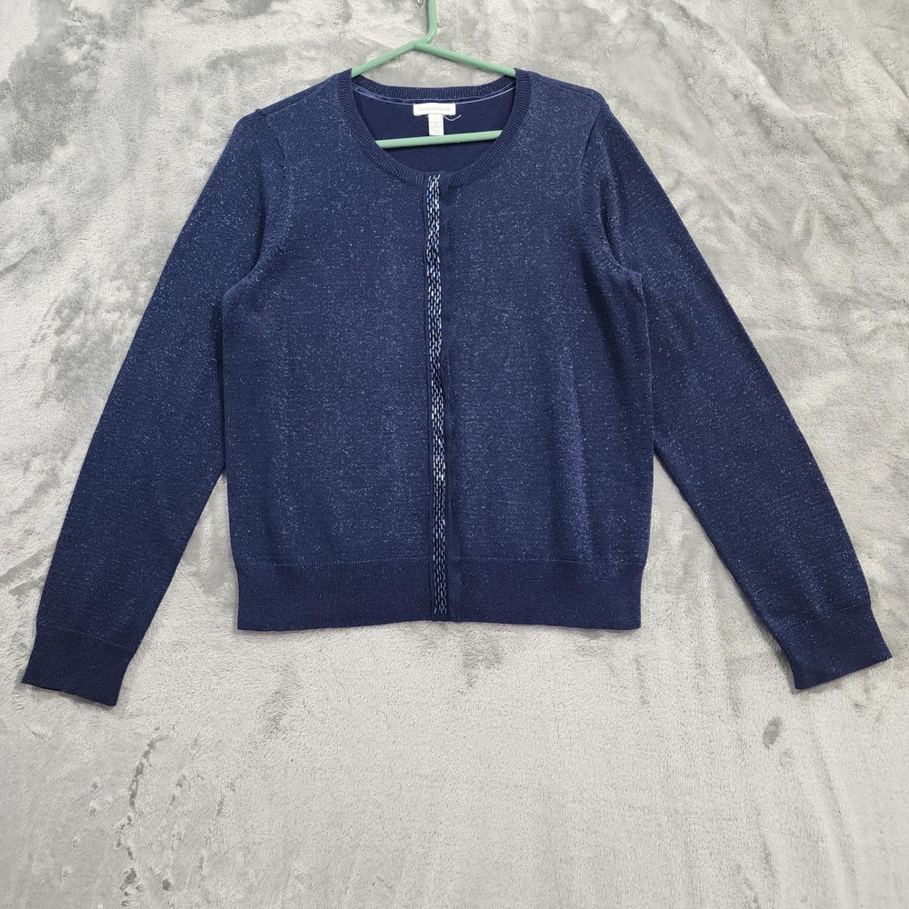 Charter Club Sweater Womens L Blue Metallic Shimmer Beaded Button Front Cardigan